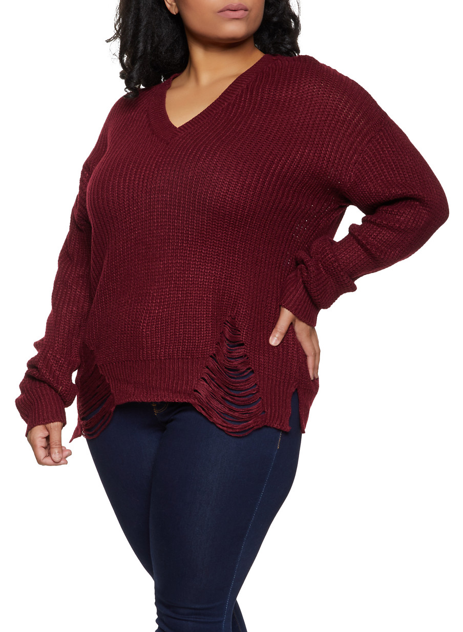 Plus Size Distressed V Neck Sweater