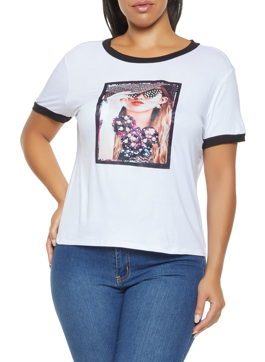 Plus Size Faux Pearl Studded Graphic Tee