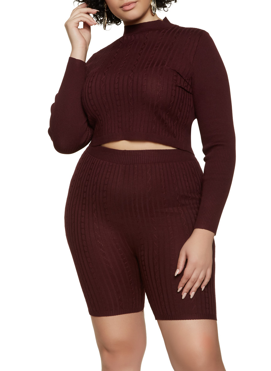 Plus Size Mock Neck Sweater and Bike Shorts Set