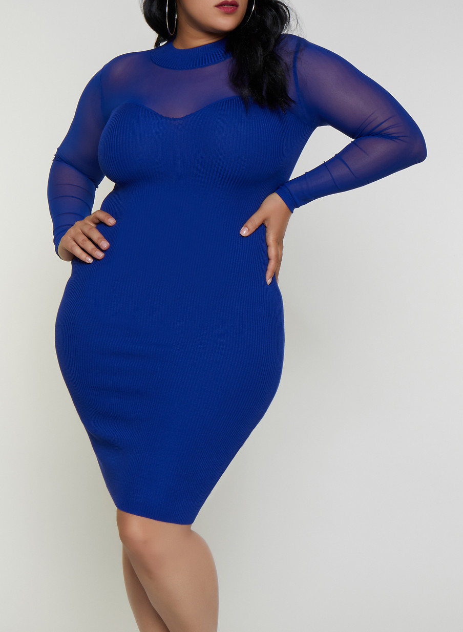 Plus Size Mesh Yoke Ribbed Knit Dress