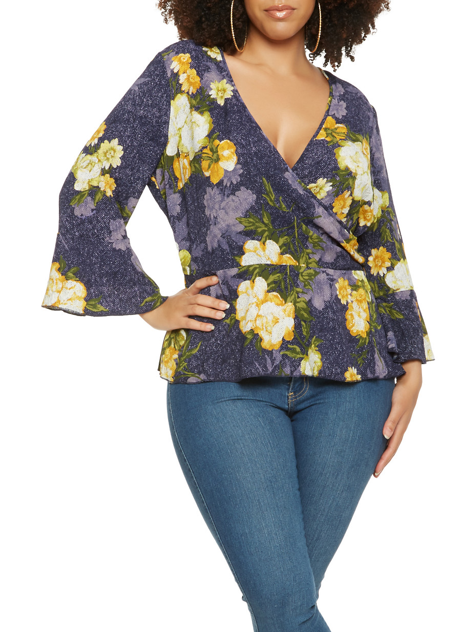 Plus Size Floral Faux Wrap Blouse