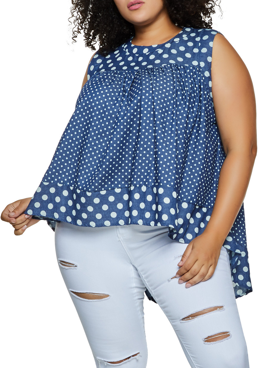 Plus Size Polka Dot High Low Chambray Top