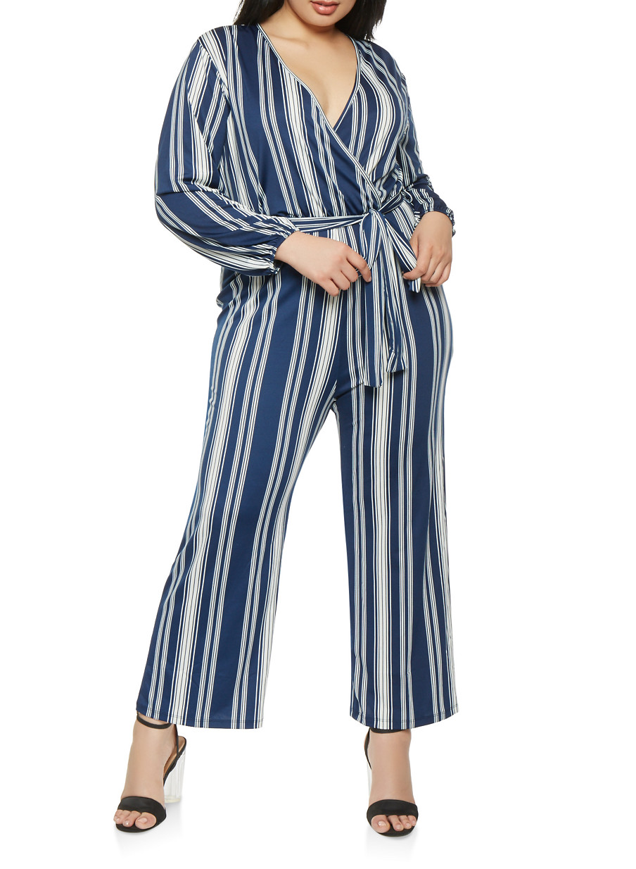 Plus Size Faux Wrap Long Sleeve Jumpsuit