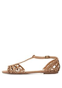 Bamboo Cut-Out T-Strap Flat Sandals