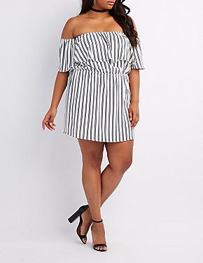 Plus Size Striped Off-The-Shoulder Ruffle Dress