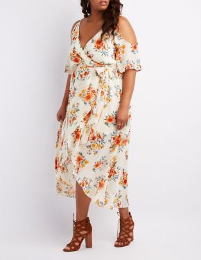 Plus Size Floral Surplice Cold Shoulder Maxi Dress