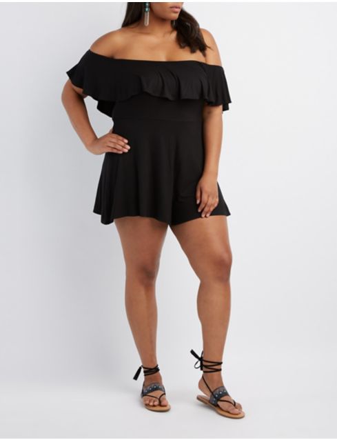 Plus Size Ruffle Off-The-Shoulder Romper | Charlotte Russe
