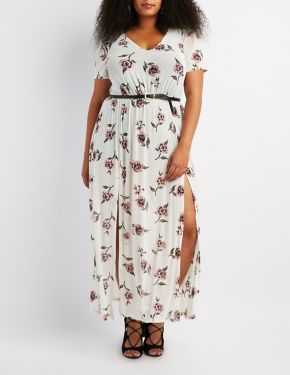 Plus Size Floral Mesh V-Neck Maxi Dress