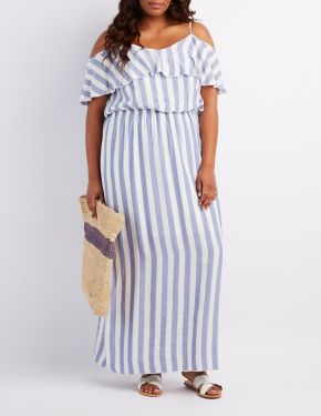 Plus Size Striped Cold Shoulder Maxi Dress