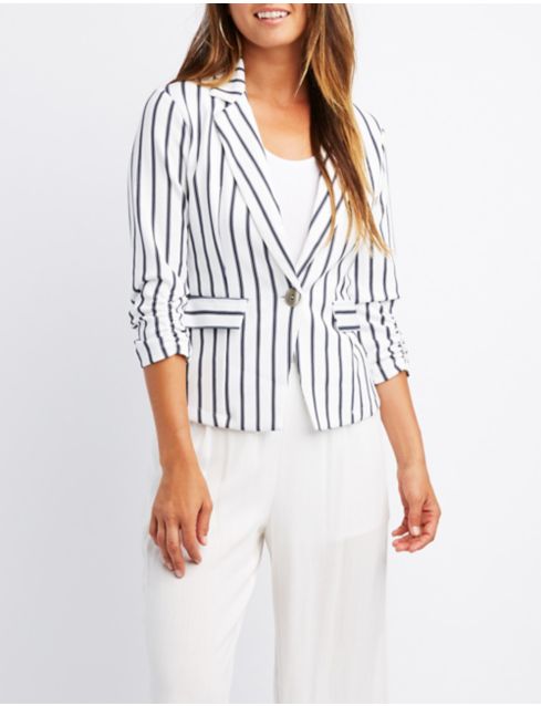 Striped Ruched Sleeve Blazer | Charlotte Russe