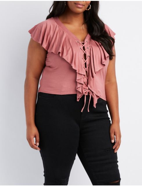 Plus Size Ruffle Trim Lace Up Top Charlotte Russe 3351