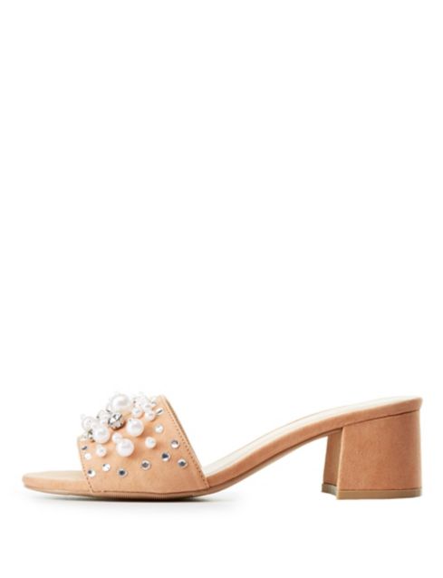 Qupid Pearl Embellished Slide Sandals | Charlotte Russe
