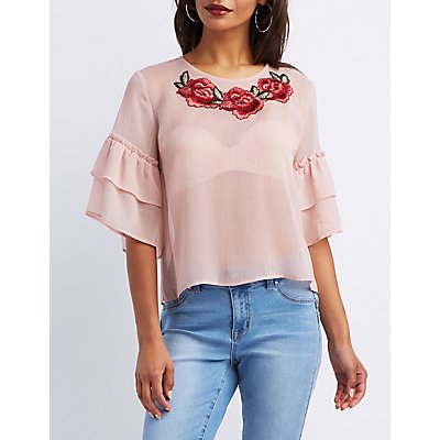 Sheer Embroidery Ruffle-Trim Top | Charlotte Russe