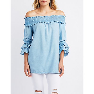 Chambray Ruffle-Trim Off-The-Shoulder Top | Charlotte Russe