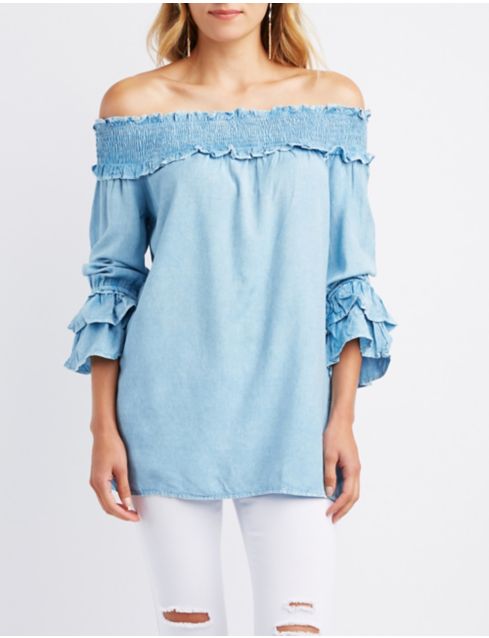 Chambray Ruffle-Trim Off-The-Shoulder Top | Charlotte Russe