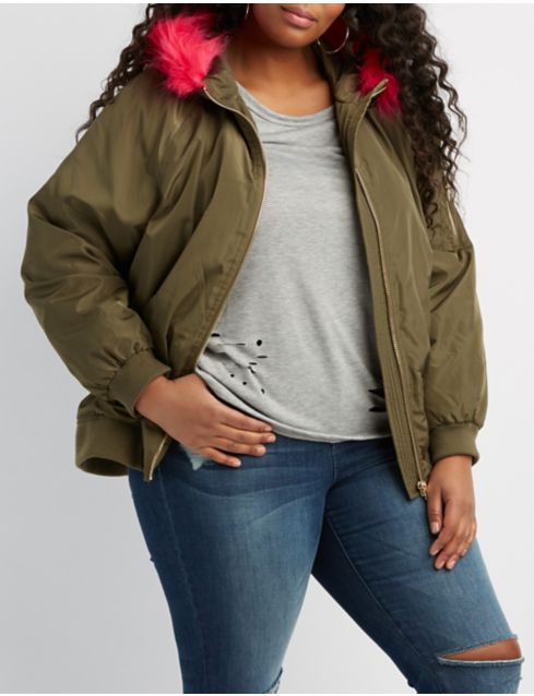 Plus Size Faux Fur Hooded Heavy Bomber Jacket | Charlotte Russe