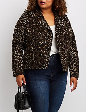 Plus Size Leopard Print Moto Jacket