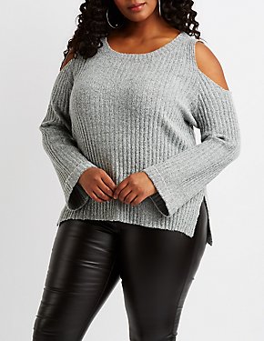 Plus Size Ribbed Cold Shoulder Sweater