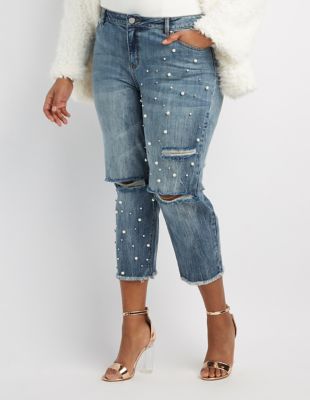 plus size jeans with pearls on them