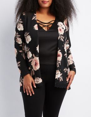Plus Size Floral Crochet-Trim Cardigan