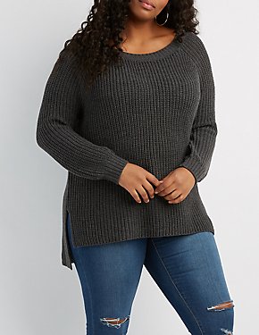 Plus Size Shaker Stitch Open-Back Sweater