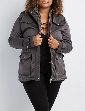 Plus Size Anorak Faux Leather Accented Jacket