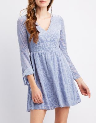 v neck print bell sleeve skater dress