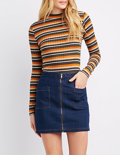 Striped & Ribbed Mock Neck Top | Charlotte Russe