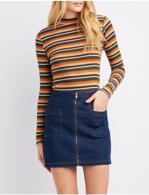 Striped & Ribbed Mock Neck Top | Charlotte Russe