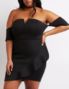 Plus Size Notched Off-The-Shoulder Ruffle-Trim Dress