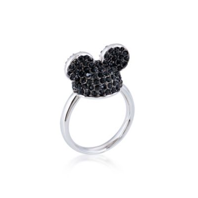 Anillo Mickey Mouse ba&ntilde;ado en oro blanco con cristales en negro, Couture Kingdom