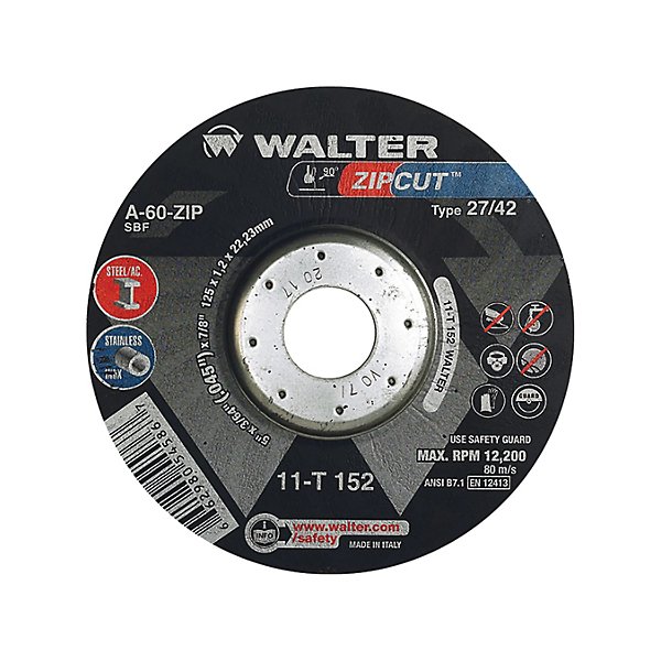 Walter Surface Technologies - Zipcut™ Right Angle Grinder Reinforced Cut-Off Wheels, 5" x 3/64", 7/8" Arbor, Type 27, Aluminum Oxide, 12200 RPM Each - SCNNS767
