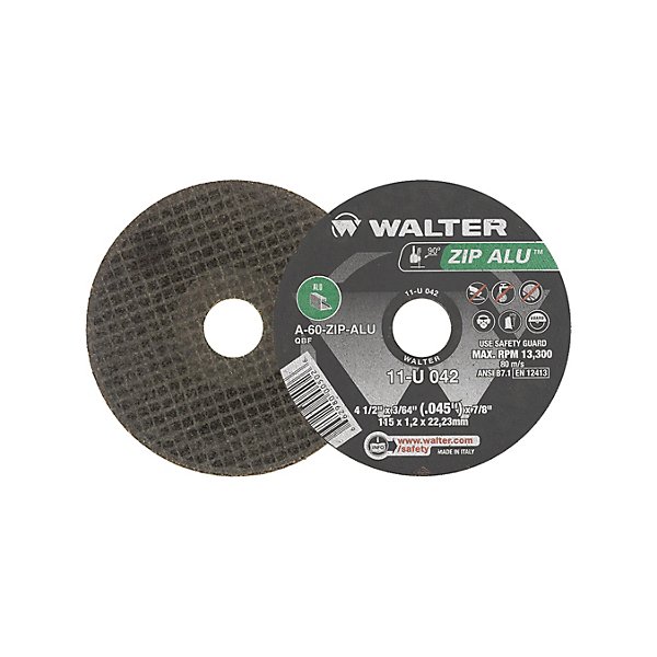 Walter Surface Technologies - Zip Alu™ Cut-Off Wheel, 4-1/2" x 3/64", 7/8" Arbor, Type 1, Aluminum Oxide, 13300 RPM Each - SCNTAV136