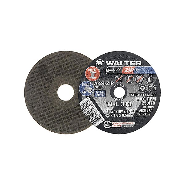 Walter Surface Technologies - Portable Small Diameter Reinforced Cut-Off Wheels - Zip™, 3" x 1/32", 3/8" Arbor, Type 1, Aluminum Oxide, 25470 RPM Each - SCNTE280
