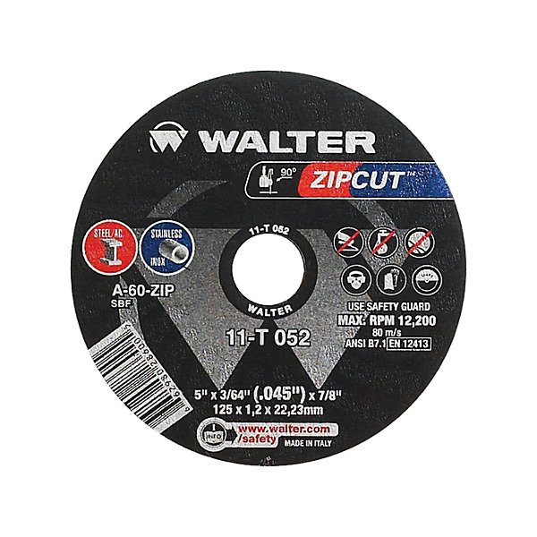 Walter Surface Technologies - Zipcut™ Cut-Off Wheel, 5" x 3/64", 7/8" Arbor, Type 1, Aluminum Oxide, 12200 RPM Each - SCNVV151