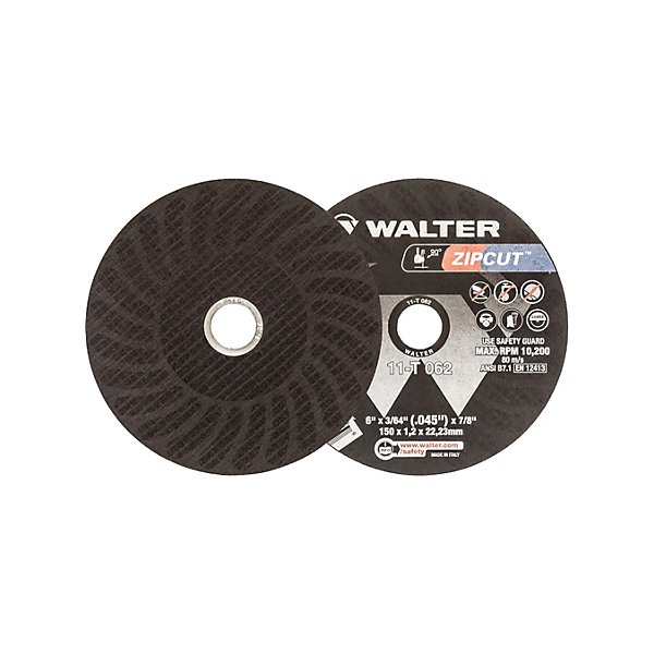 Walter Surface Technologies - Zipcut™ Reinforced Cut-Off Wheel, 6" x 3/64", 7/8" Arbor, Type 1, Aluminum Oxide, 10200 RPM Each - SCNVV152