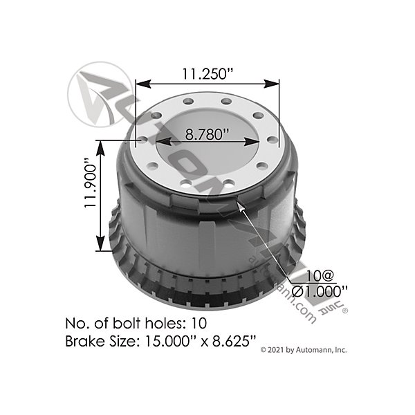 Automann - Brake Drum, 15 in x 8-5/8 in, 10 holes - MZB151.58601BA