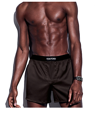 TOM FORD Solid Silk Short Boxers With Logo Men's Brown