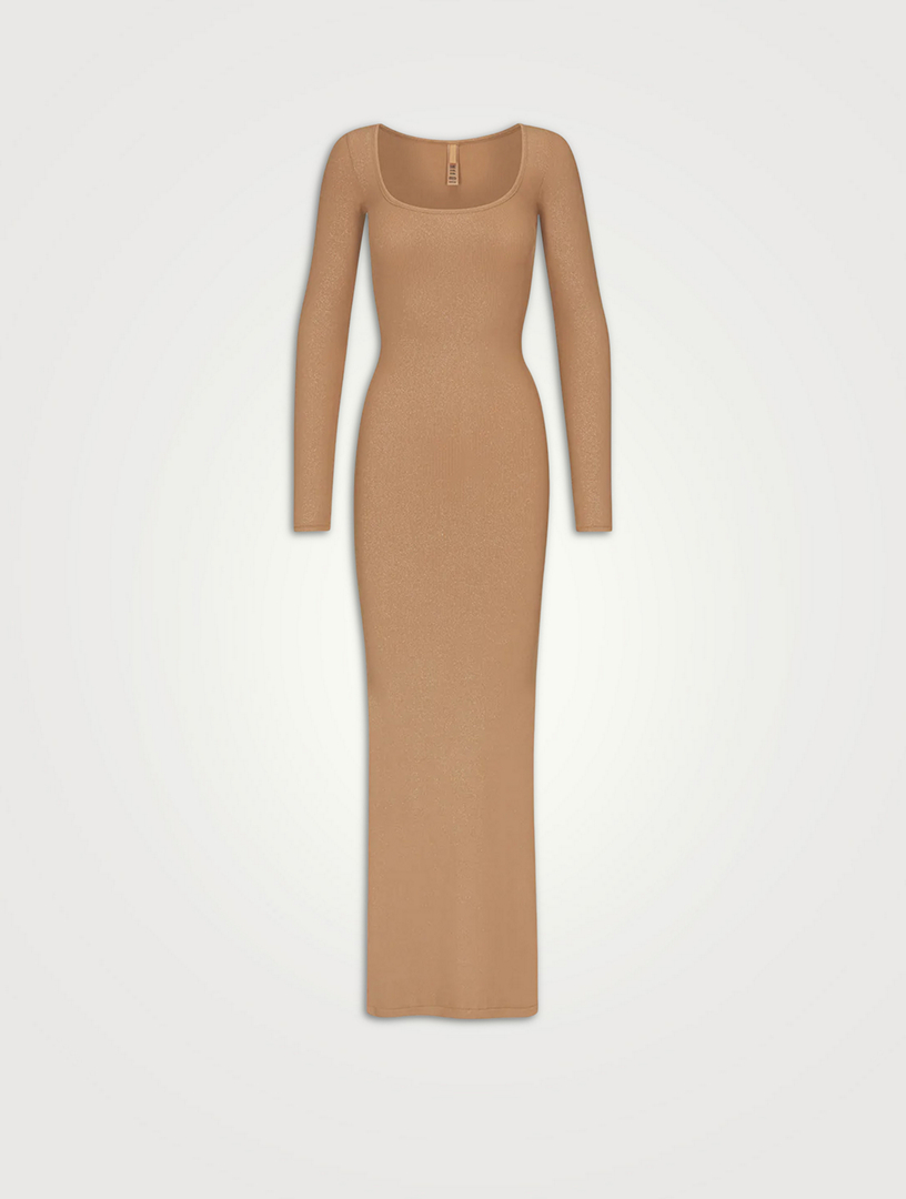 SKIMS Soft Lounge Shimmer Long-Sleeve Dress Women's Beige