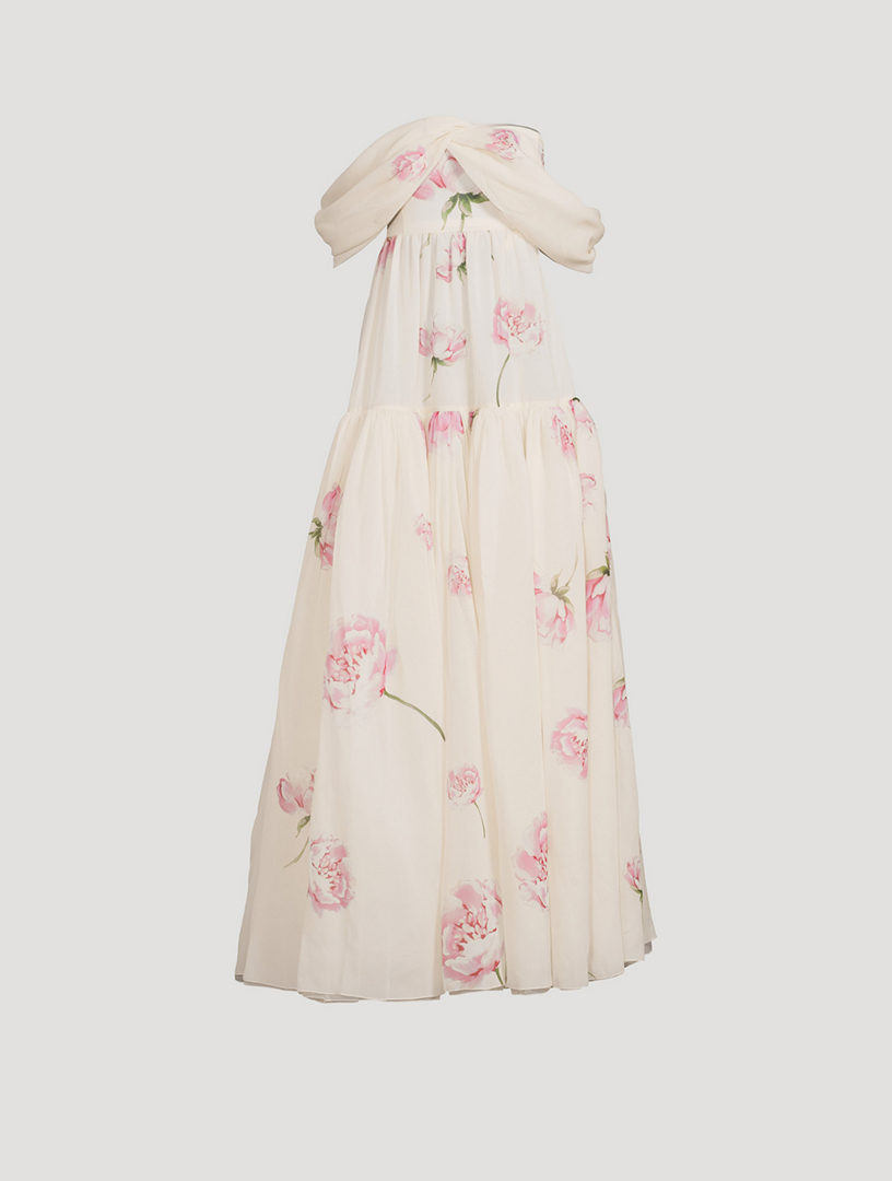 GIAMBATTISTA VALLI Robe de soirée dénudant une épaule en georgette de soie à imprimé de rose hivernale Femmes Blanc