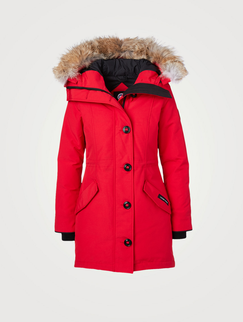 red down jacket with fur hood