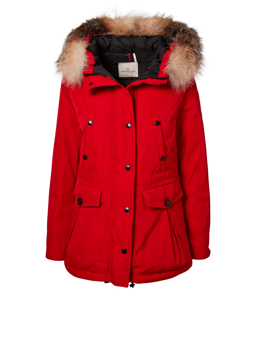 red moncler with fur hood