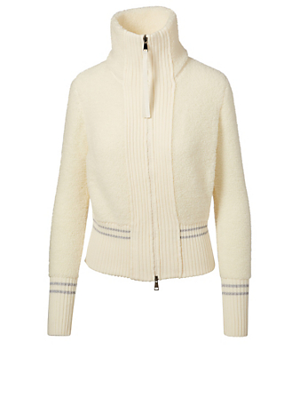 MONCLER Cardigan zippé en laine rembourré de duvet à rayures Femmes Blanc