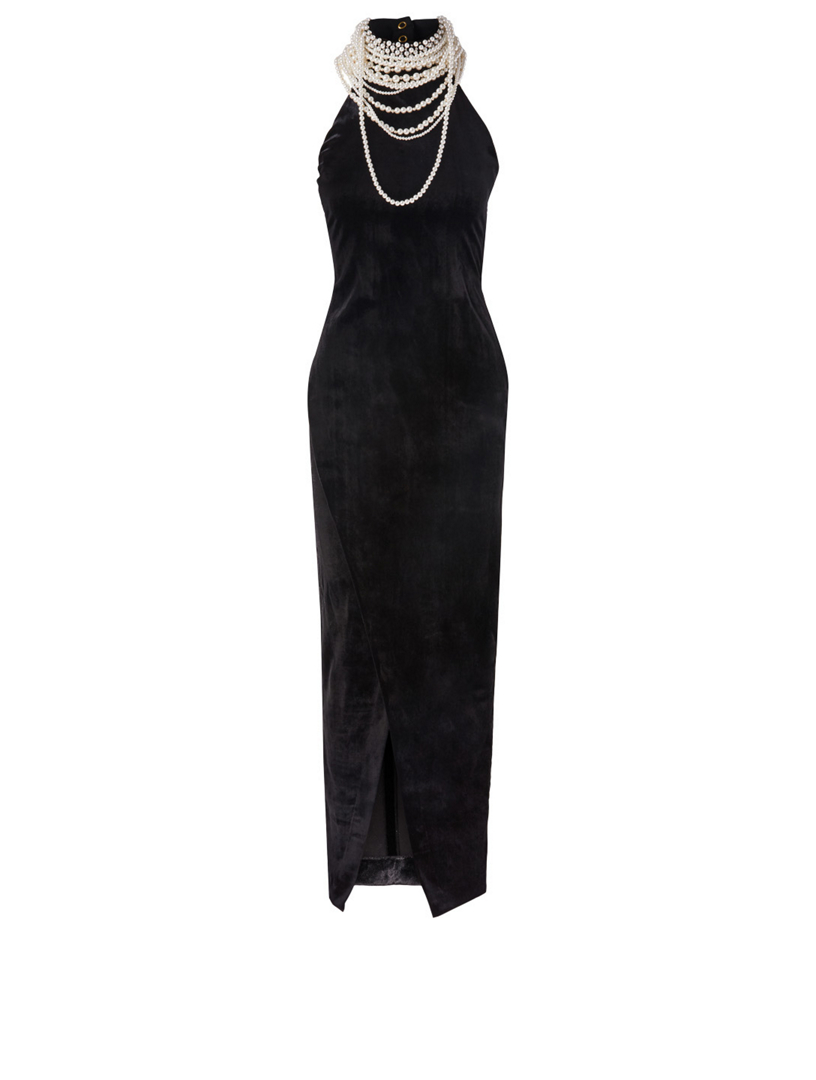 black velvet dress with pearls
