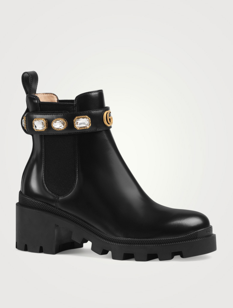 GUCCI Leather Ankle Boots With Crystal 
