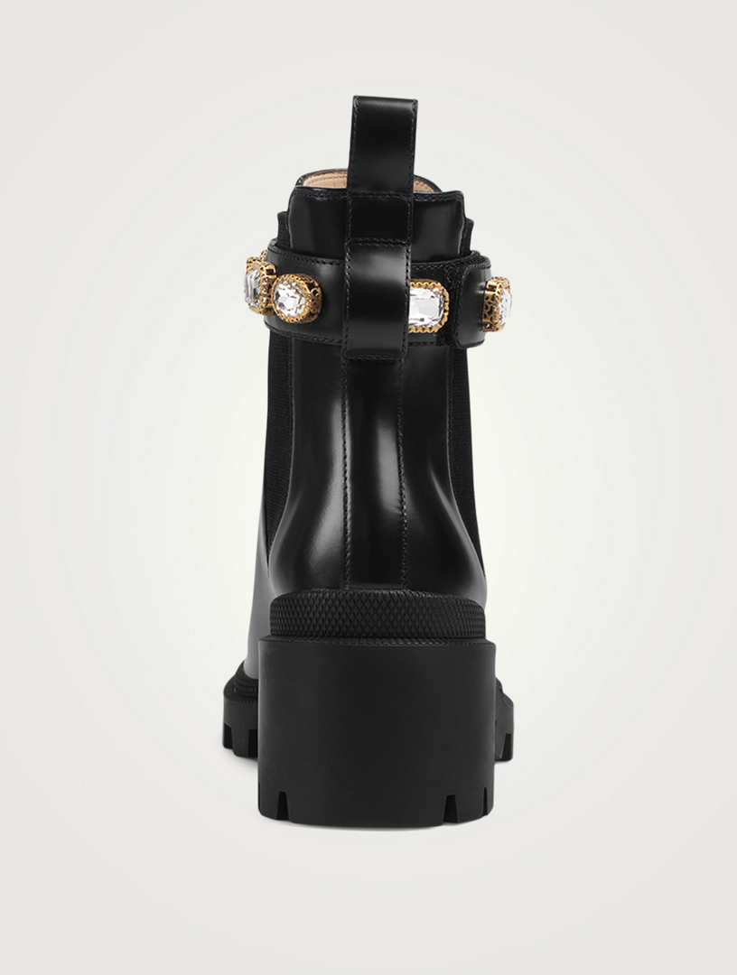 gucci women's trip leather ankle boots with crystal belt