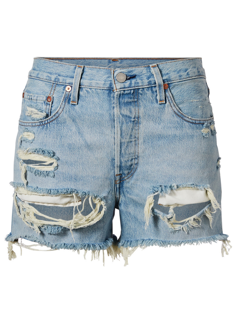 levi's 501 high rise short with raw hem and rips