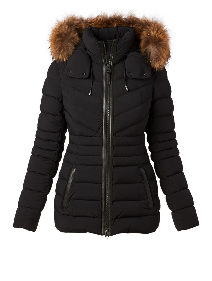 black bubble coat with fur hood