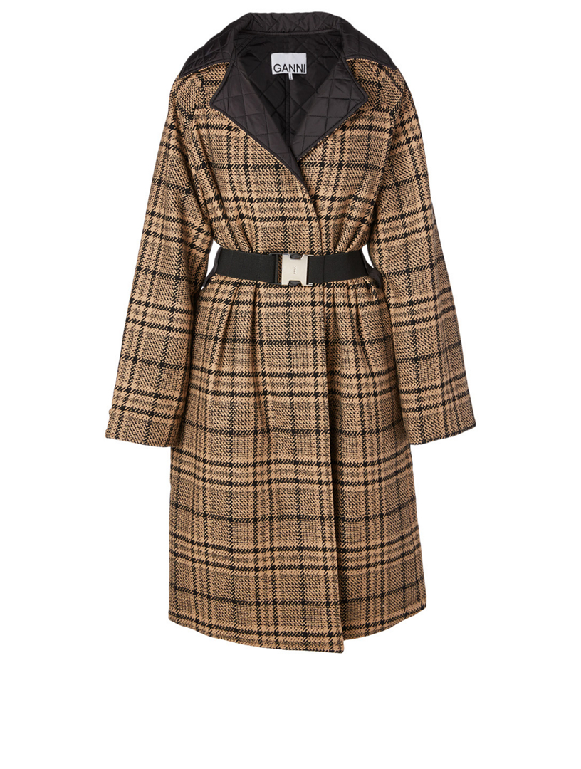 GANNI Wool-Blend Wrap Coat In Check Print | Holt Renfrew Canada