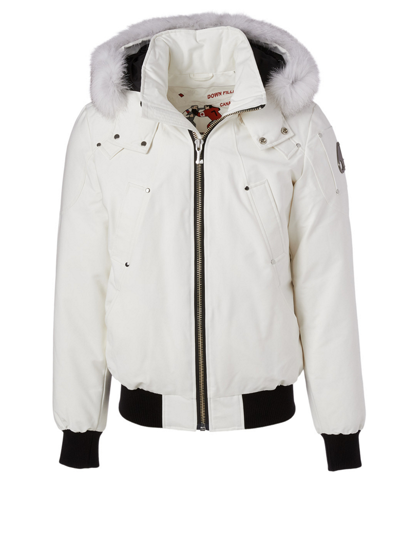 white bomber jacket with fur hood